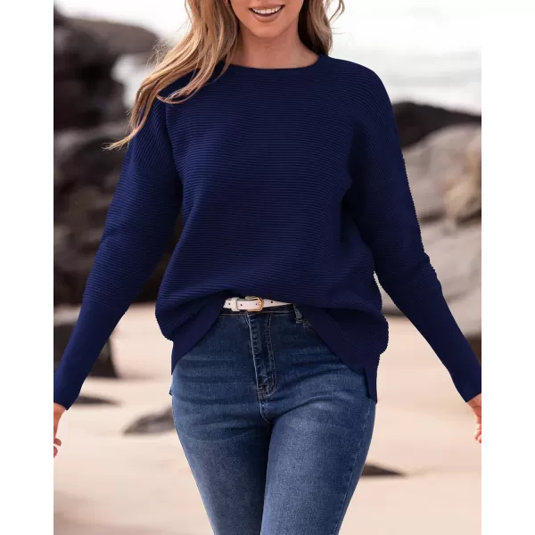 imageBTFBM Casual Women 2024 Fall Sweater Long Sleeve Ribbed Knit Pullover Loose Crewneck Batwing Split SweaterSolid Navy