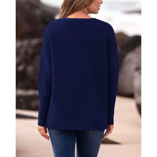 imageBTFBM Casual Women 2024 Fall Sweater Long Sleeve Ribbed Knit Pullover Loose Crewneck Batwing Split SweaterSolid Navy