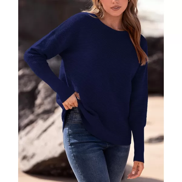 imageBTFBM Casual Women 2024 Fall Sweater Long Sleeve Ribbed Knit Pullover Loose Crewneck Batwing Split SweaterSolid Navy