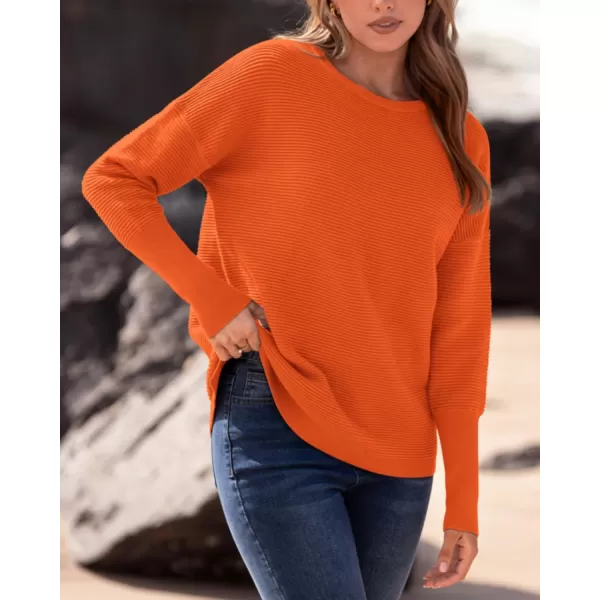 imageBTFBM Casual Women 2024 Fall Sweater Long Sleeve Ribbed Knit Pullover Loose Crewneck Batwing Split SweaterSolid Orange