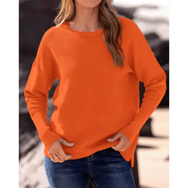 imageBTFBM Casual Women 2024 Fall Sweater Long Sleeve Ribbed Knit Pullover Loose Crewneck Batwing Split SweaterSolid Orange