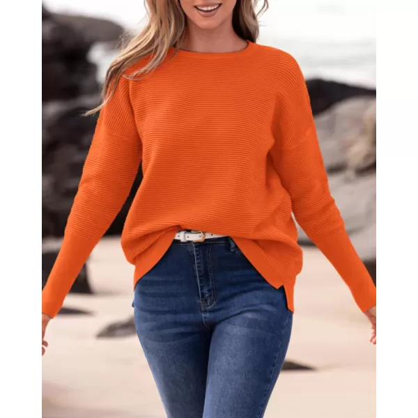 imageBTFBM Casual Women 2024 Fall Sweater Long Sleeve Ribbed Knit Pullover Loose Crewneck Batwing Split SweaterSolid Orange
