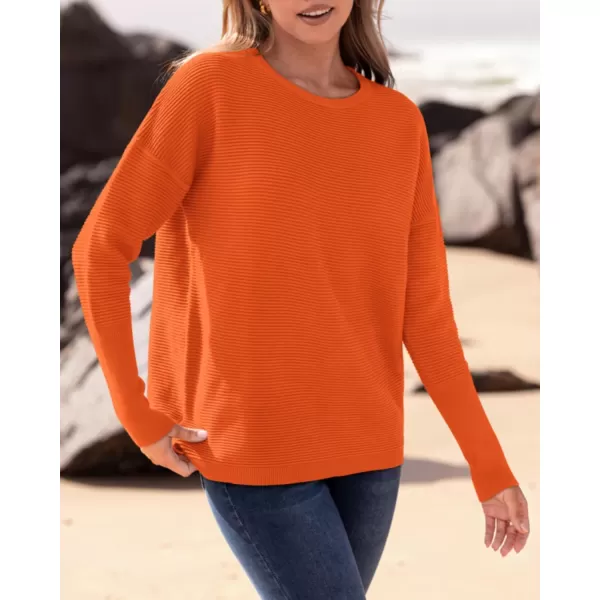 imageBTFBM Casual Women 2024 Fall Sweater Long Sleeve Ribbed Knit Pullover Loose Crewneck Batwing Split SweaterSolid Orange
