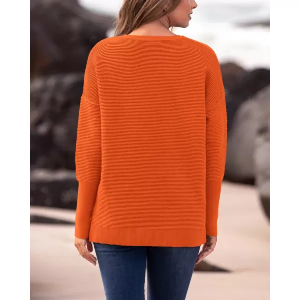 imageBTFBM Casual Women 2024 Fall Sweater Long Sleeve Ribbed Knit Pullover Loose Crewneck Batwing Split SweaterSolid Orange