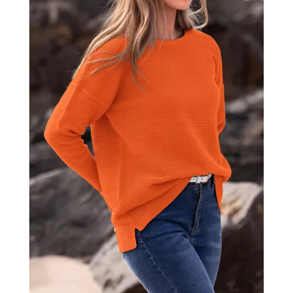 imageBTFBM Casual Women 2024 Fall Sweater Long Sleeve Ribbed Knit Pullover Loose Crewneck Batwing Split SweaterSolid Orange