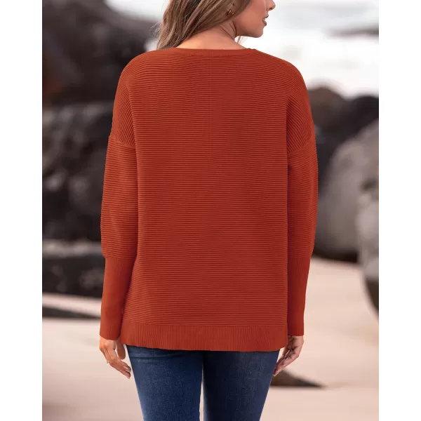 imageBTFBM Casual Women 2024 Fall Sweater Long Sleeve Ribbed Knit Pullover Loose Crewneck Batwing Split SweaterSolid Orange Red