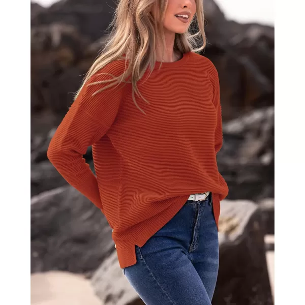 imageBTFBM Casual Women 2024 Fall Sweater Long Sleeve Ribbed Knit Pullover Loose Crewneck Batwing Split SweaterSolid Orange Red