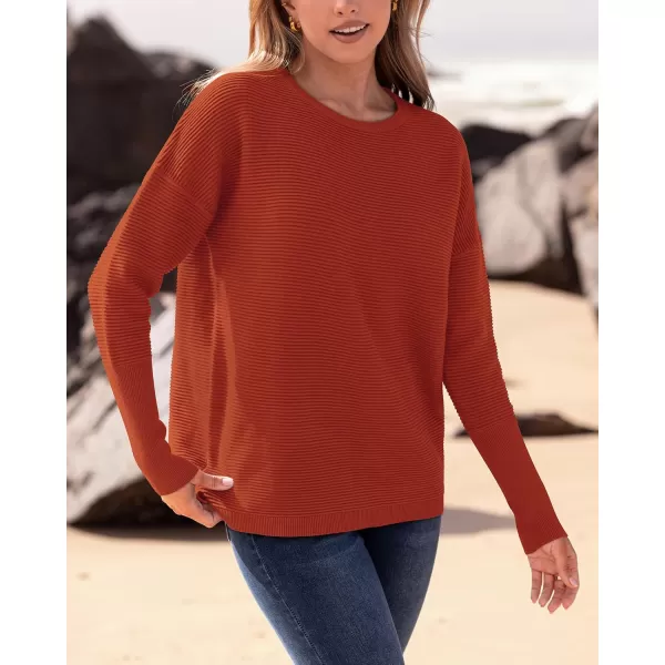 imageBTFBM Casual Women 2024 Fall Sweater Long Sleeve Ribbed Knit Pullover Loose Crewneck Batwing Split SweaterSolid Orange Red