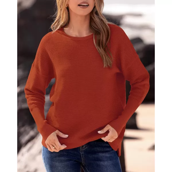 imageBTFBM Casual Women 2024 Fall Sweater Long Sleeve Ribbed Knit Pullover Loose Crewneck Batwing Split SweaterSolid Orange Red
