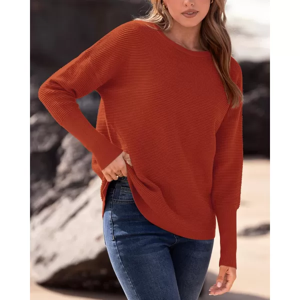 imageBTFBM Casual Women 2024 Fall Sweater Long Sleeve Ribbed Knit Pullover Loose Crewneck Batwing Split SweaterSolid Orange Red