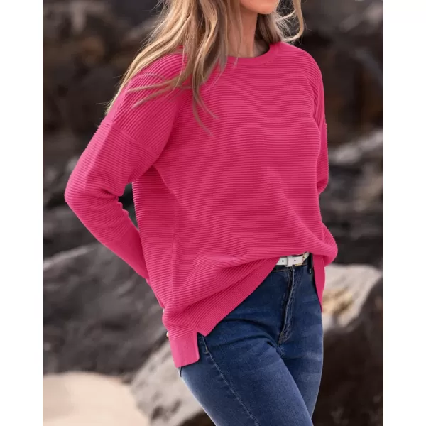 imageBTFBM Casual Women 2024 Fall Sweater Long Sleeve Ribbed Knit Pullover Loose Crewneck Batwing Split SweaterSolid Rose Red