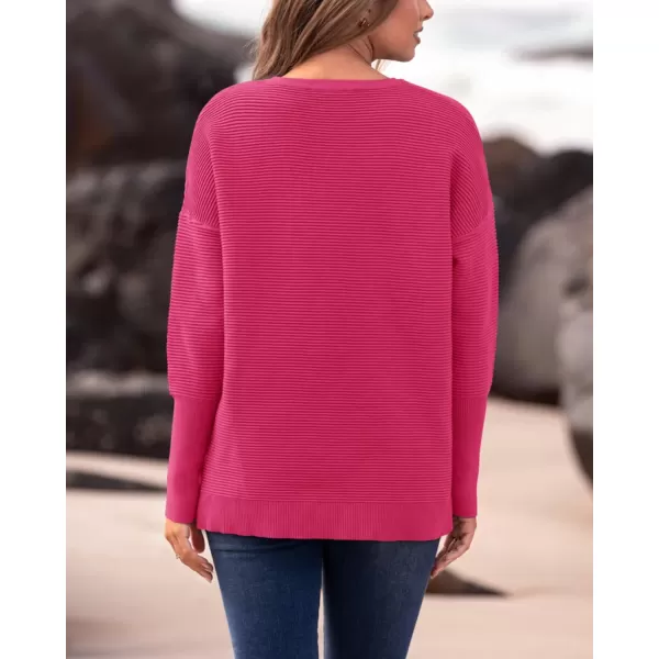 imageBTFBM Casual Women 2024 Fall Sweater Long Sleeve Ribbed Knit Pullover Loose Crewneck Batwing Split SweaterSolid Rose Red