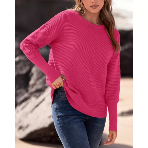imageBTFBM Casual Women 2024 Fall Sweater Long Sleeve Ribbed Knit Pullover Loose Crewneck Batwing Split SweaterSolid Rose Red