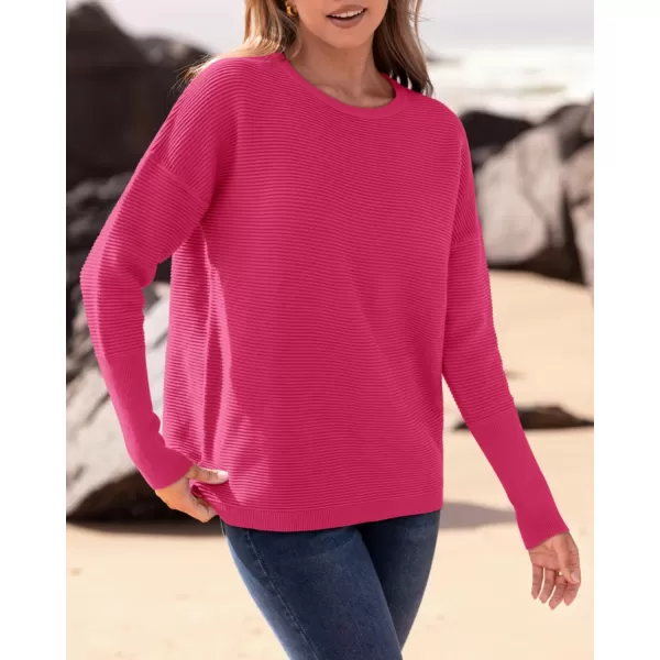 imageBTFBM Casual Women 2024 Fall Sweater Long Sleeve Ribbed Knit Pullover Loose Crewneck Batwing Split SweaterSolid Rose Red