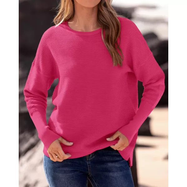 imageBTFBM Casual Women 2024 Fall Sweater Long Sleeve Ribbed Knit Pullover Loose Crewneck Batwing Split SweaterSolid Rose Red