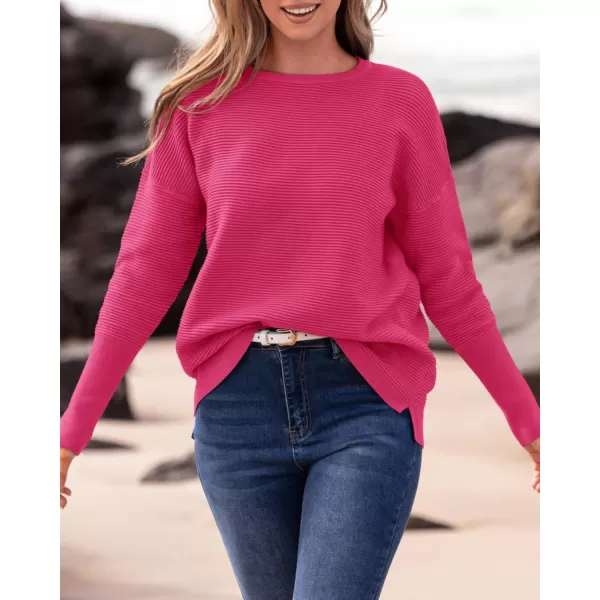 imageBTFBM Casual Women 2024 Fall Sweater Long Sleeve Ribbed Knit Pullover Loose Crewneck Batwing Split SweaterSolid Rose Red