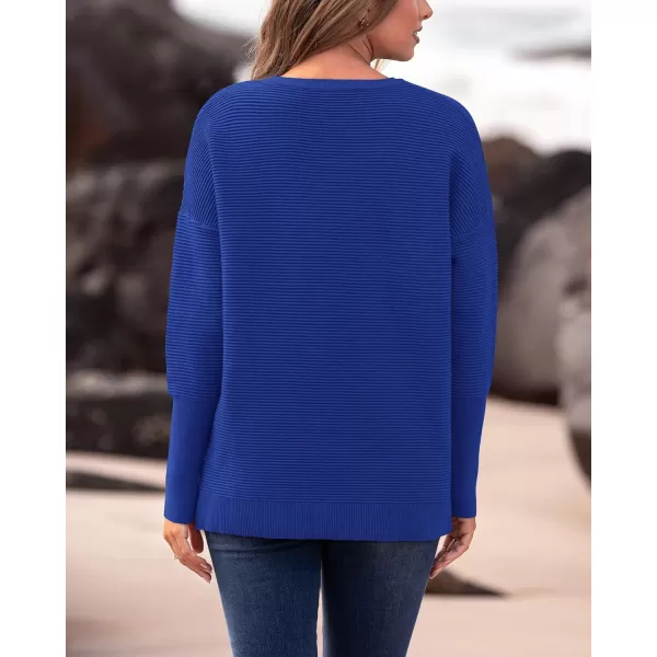 imageBTFBM Casual Women 2024 Fall Sweater Long Sleeve Ribbed Knit Pullover Loose Crewneck Batwing Split SweaterSolid Royal Blue