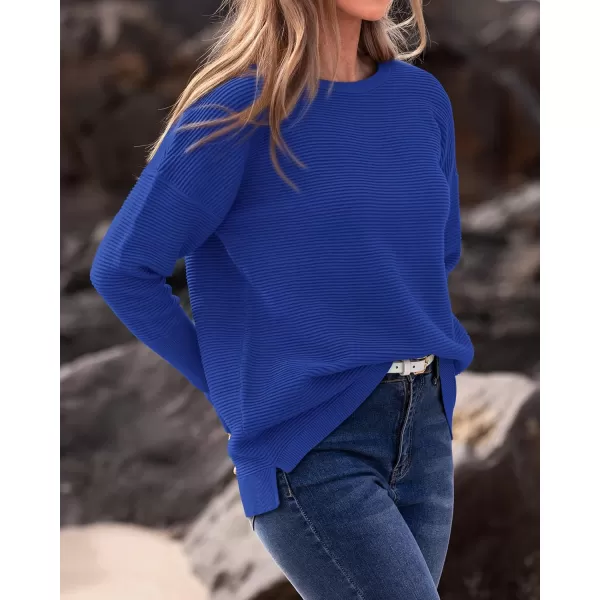 imageBTFBM Casual Women 2024 Fall Sweater Long Sleeve Ribbed Knit Pullover Loose Crewneck Batwing Split SweaterSolid Royal Blue