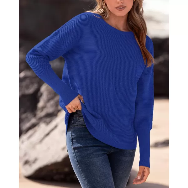imageBTFBM Casual Women 2024 Fall Sweater Long Sleeve Ribbed Knit Pullover Loose Crewneck Batwing Split SweaterSolid Royal Blue