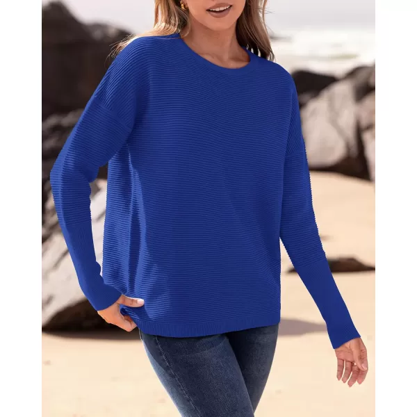 imageBTFBM Casual Women 2024 Fall Sweater Long Sleeve Ribbed Knit Pullover Loose Crewneck Batwing Split SweaterSolid Royal Blue