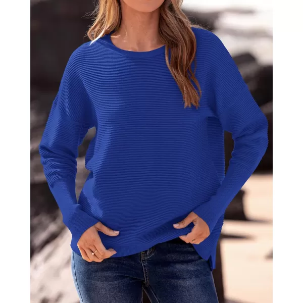 imageBTFBM Casual Women 2024 Fall Sweater Long Sleeve Ribbed Knit Pullover Loose Crewneck Batwing Split SweaterSolid Royal Blue