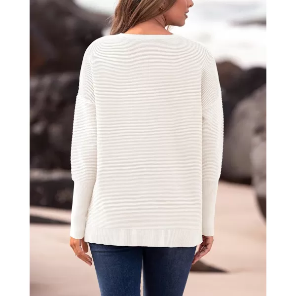 imageBTFBM Casual Women 2024 Fall Sweater Long Sleeve Ribbed Knit Pullover Loose Crewneck Batwing Split SweaterSolid White
