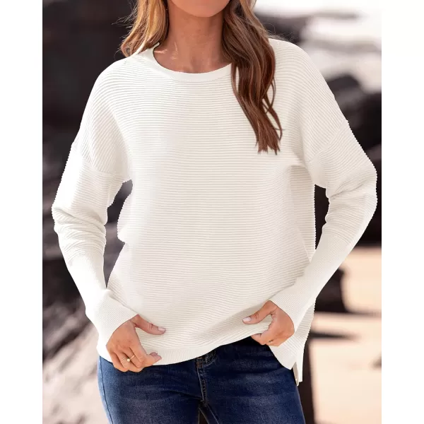 imageBTFBM Casual Women 2024 Fall Sweater Long Sleeve Ribbed Knit Pullover Loose Crewneck Batwing Split SweaterSolid White