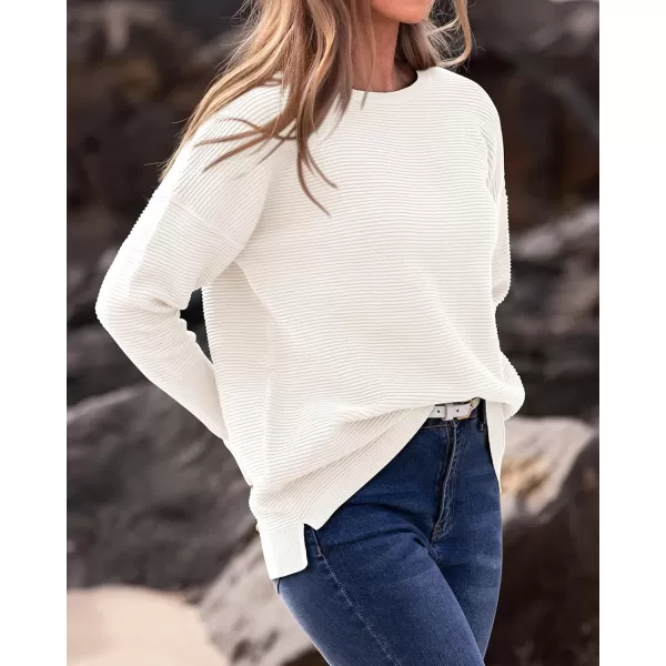 imageBTFBM Casual Women 2024 Fall Sweater Long Sleeve Ribbed Knit Pullover Loose Crewneck Batwing Split SweaterSolid White