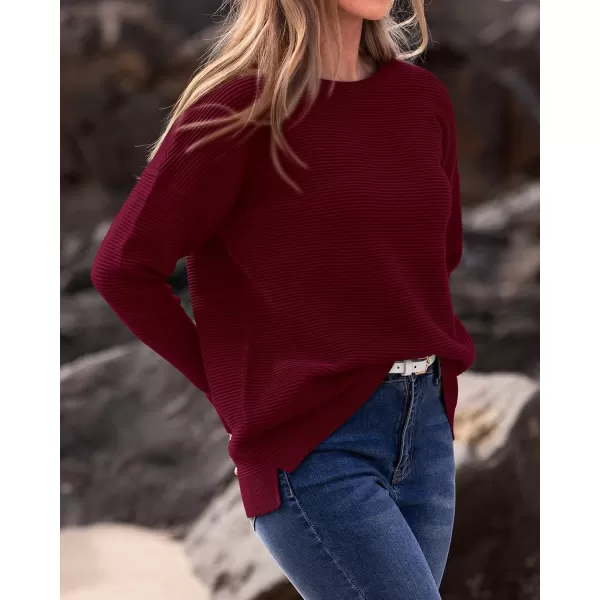 imageBTFBM Casual Women 2024 Fall Sweater Long Sleeve Ribbed Knit Pullover Loose Crewneck Batwing Split SweaterSolid Wine Red