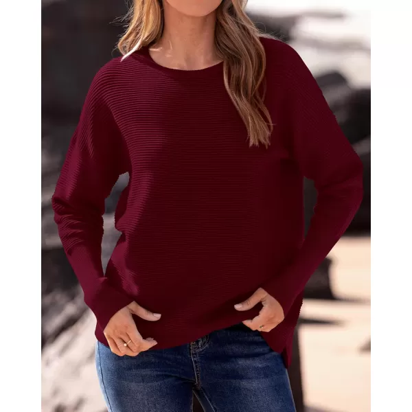 imageBTFBM Casual Women 2024 Fall Sweater Long Sleeve Ribbed Knit Pullover Loose Crewneck Batwing Split SweaterSolid Wine Red