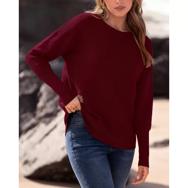 imageBTFBM Casual Women 2024 Fall Sweater Long Sleeve Ribbed Knit Pullover Loose Crewneck Batwing Split SweaterSolid Wine Red