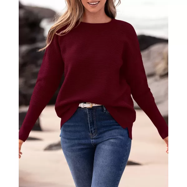 imageBTFBM Casual Women 2024 Fall Sweater Long Sleeve Ribbed Knit Pullover Loose Crewneck Batwing Split SweaterSolid Wine Red
