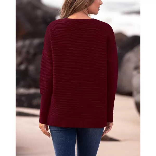 imageBTFBM Casual Women 2024 Fall Sweater Long Sleeve Ribbed Knit Pullover Loose Crewneck Batwing Split SweaterSolid Wine Red