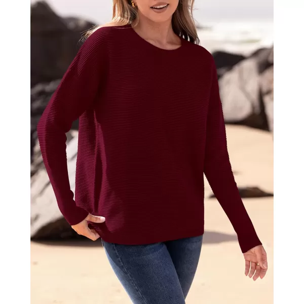 imageBTFBM Casual Women 2024 Fall Sweater Long Sleeve Ribbed Knit Pullover Loose Crewneck Batwing Split SweaterSolid Wine Red