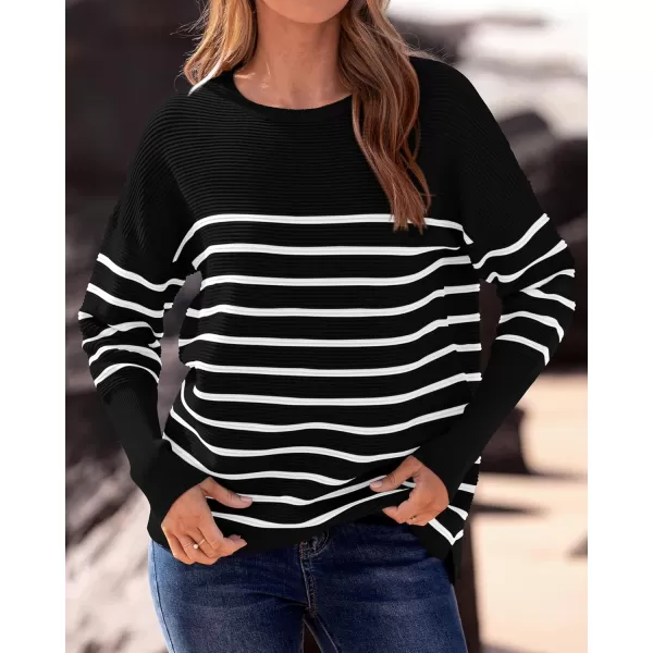 imageBTFBM Casual Women 2024 Fall Sweater Long Sleeve Ribbed Knit Pullover Loose Crewneck Batwing Split SweaterStriped Black White