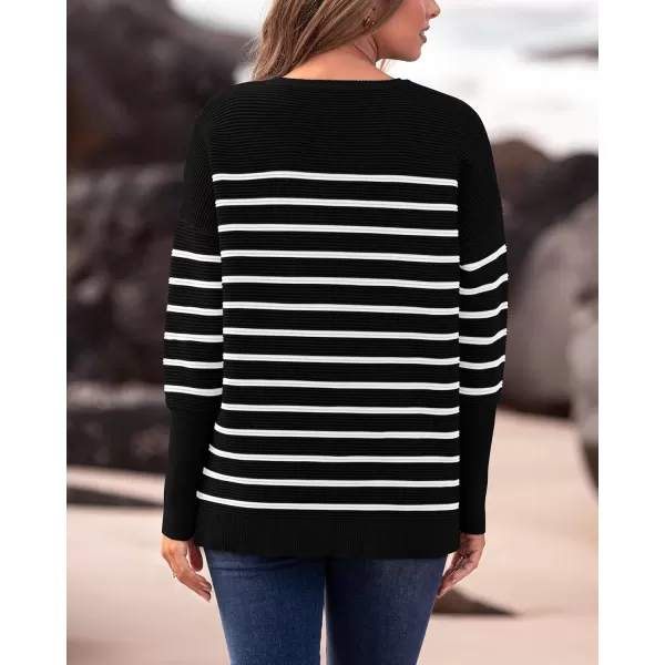 imageBTFBM Casual Women 2024 Fall Sweater Long Sleeve Ribbed Knit Pullover Loose Crewneck Batwing Split SweaterStriped Black White