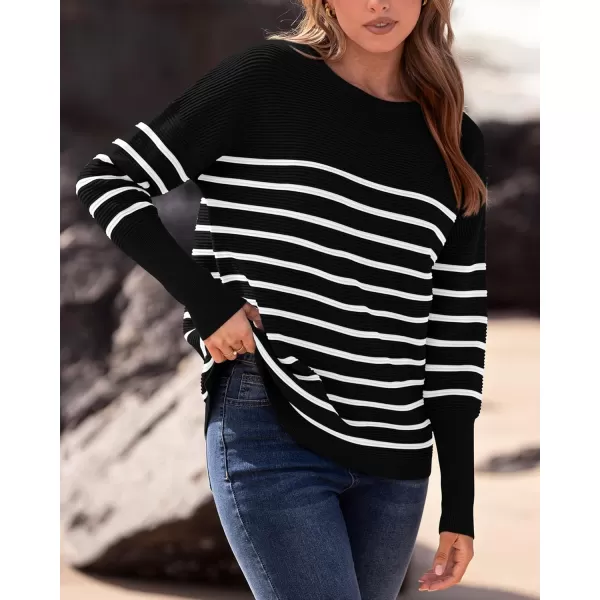 imageBTFBM Casual Women 2024 Fall Sweater Long Sleeve Ribbed Knit Pullover Loose Crewneck Batwing Split SweaterStriped Black White