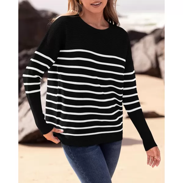 imageBTFBM Casual Women 2024 Fall Sweater Long Sleeve Ribbed Knit Pullover Loose Crewneck Batwing Split SweaterStriped Black White