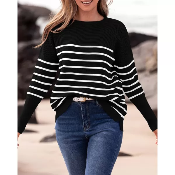 imageBTFBM Casual Women 2024 Fall Sweater Long Sleeve Ribbed Knit Pullover Loose Crewneck Batwing Split SweaterStriped Black White