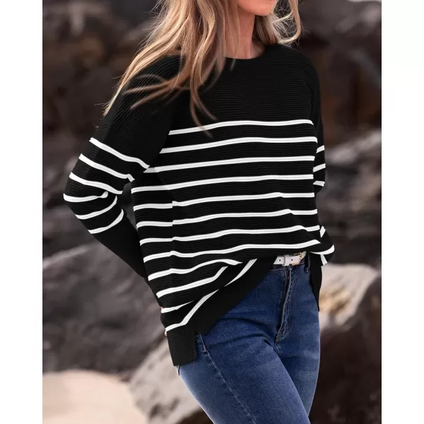 imageBTFBM Casual Women 2024 Fall Sweater Long Sleeve Ribbed Knit Pullover Loose Crewneck Batwing Split SweaterStriped Black White