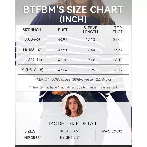 imageBTFBM Casual Women 2024 Fall Sweater Long Sleeve Ribbed Knit Pullover Loose Crewneck Batwing Split SweaterStriped Navy White