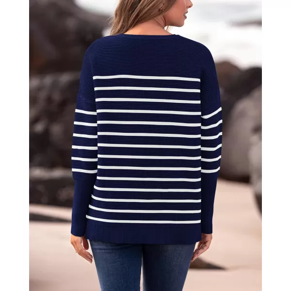 imageBTFBM Casual Women 2024 Fall Sweater Long Sleeve Ribbed Knit Pullover Loose Crewneck Batwing Split SweaterStriped Navy White
