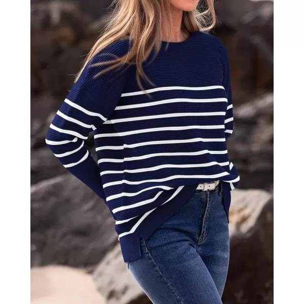 imageBTFBM Casual Women 2024 Fall Sweater Long Sleeve Ribbed Knit Pullover Loose Crewneck Batwing Split SweaterStriped Navy White