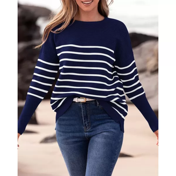 imageBTFBM Casual Women 2024 Fall Sweater Long Sleeve Ribbed Knit Pullover Loose Crewneck Batwing Split SweaterStriped Navy White