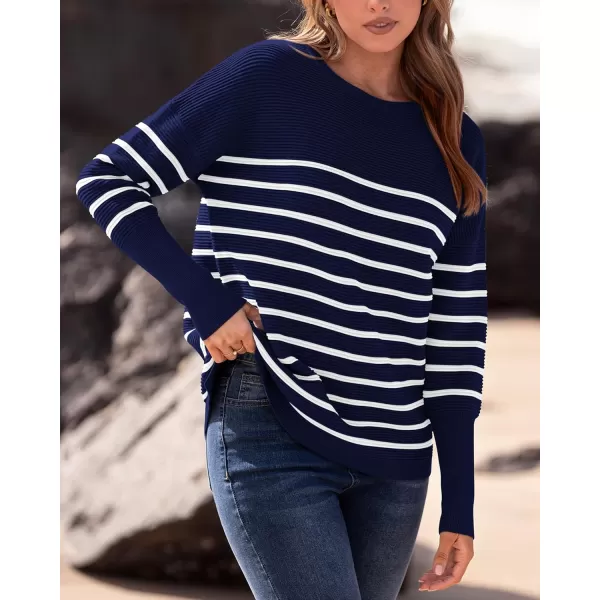 imageBTFBM Casual Women 2024 Fall Sweater Long Sleeve Ribbed Knit Pullover Loose Crewneck Batwing Split SweaterStriped Navy White