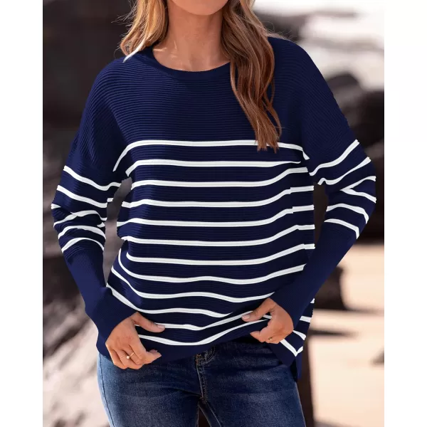 imageBTFBM Casual Women 2024 Fall Sweater Long Sleeve Ribbed Knit Pullover Loose Crewneck Batwing Split SweaterStriped Navy White