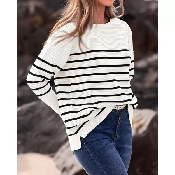 imageBTFBM Casual Women 2024 Fall Sweater Long Sleeve Ribbed Knit Pullover Loose Crewneck Batwing Split SweaterStriped White Black