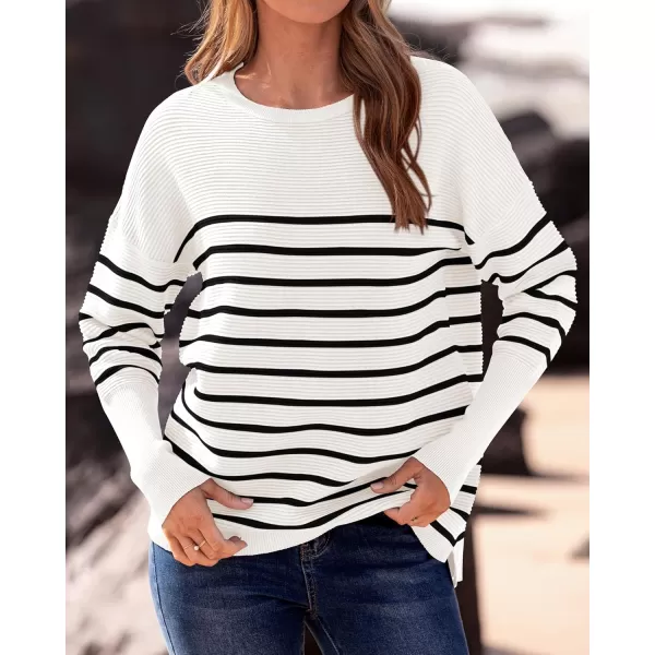 imageBTFBM Casual Women 2024 Fall Sweater Long Sleeve Ribbed Knit Pullover Loose Crewneck Batwing Split SweaterStriped White Black