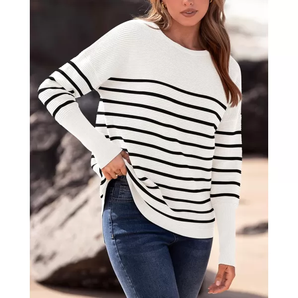 imageBTFBM Casual Women 2024 Fall Sweater Long Sleeve Ribbed Knit Pullover Loose Crewneck Batwing Split SweaterStriped White Black
