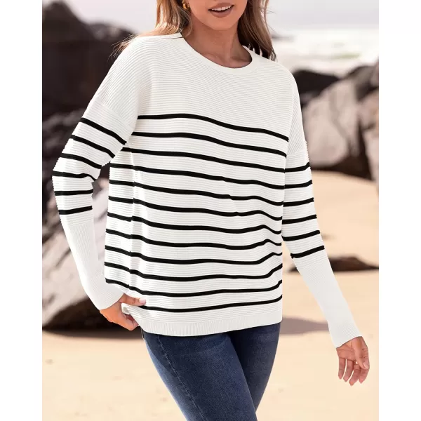 imageBTFBM Casual Women 2024 Fall Sweater Long Sleeve Ribbed Knit Pullover Loose Crewneck Batwing Split SweaterStriped White Black